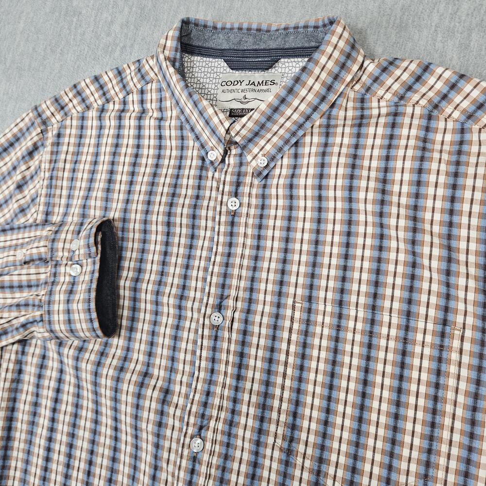 Cody James Shirt Mens 2XL Brown Blue Plaid Button-Up Long Sleeve Collared